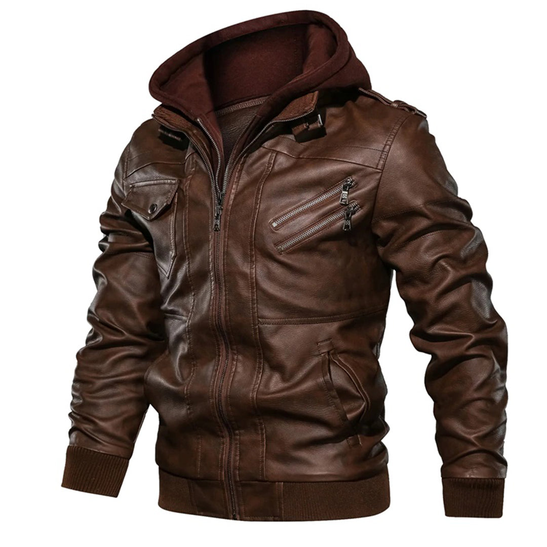 Jacob - Leather jacket with hood for men