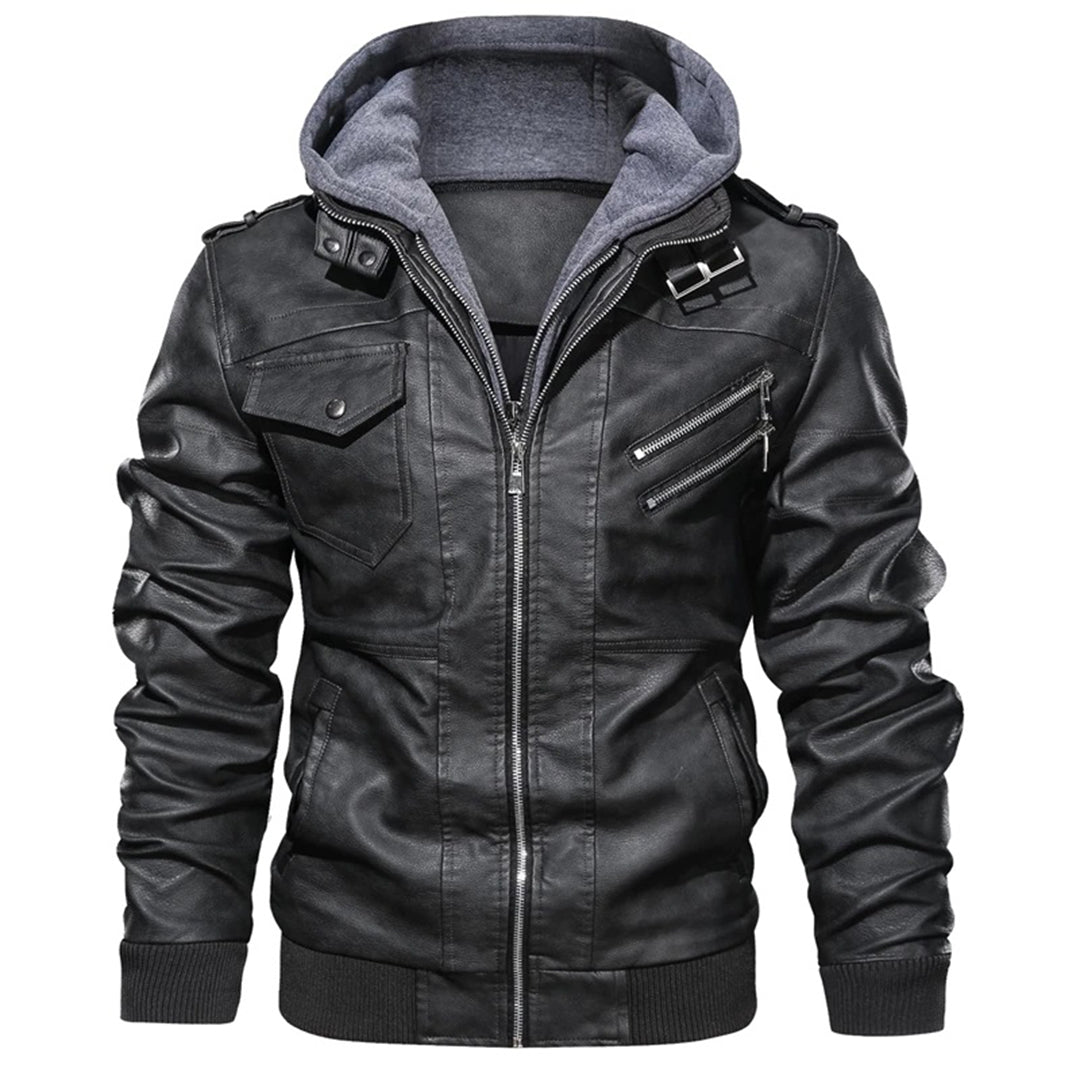 Jacob - Leather jacket with hood for men