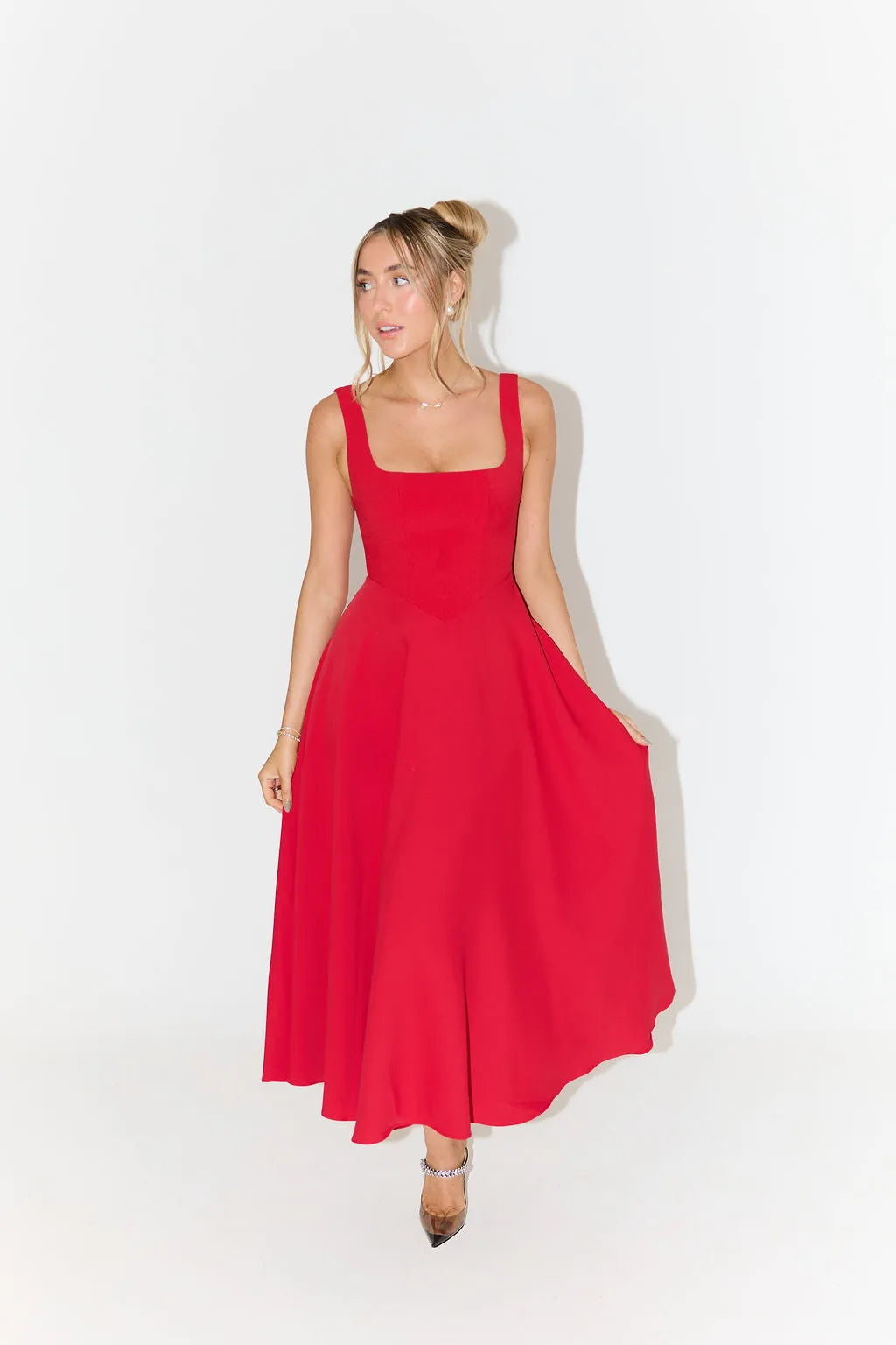 YARA-BELLE | HIGH-WAISTED SQUARE-NECK MIDI DRESS